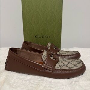 Gucci Brown and Beige Monogram Loafers